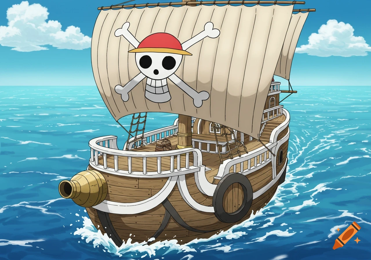 A cartoon pirate ship with a skull and crossbones flag sails on a blue ocean under a sunny sky in anime style.