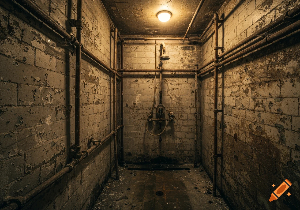 An old, rusty shower in an abandoned brick room with peeling paint and exposed pipes.