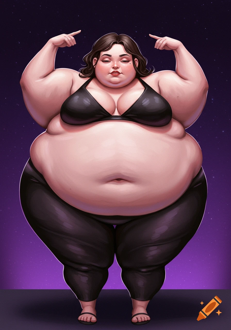 An illustration of an obese woman in a black bikini top and leggings pointing at her head.