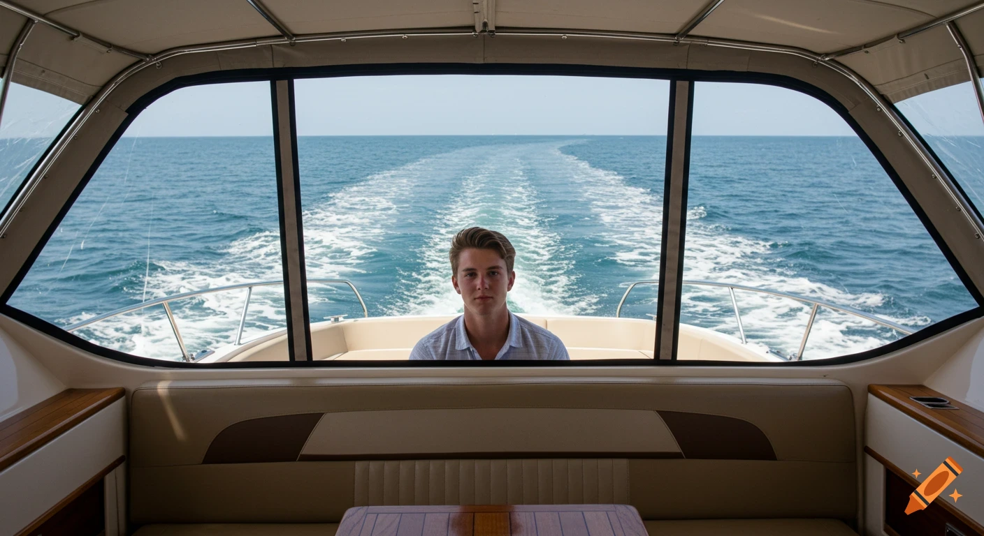 Photorealistic portrait of a young man sitting in a boat, looking back at the camera from inside.
