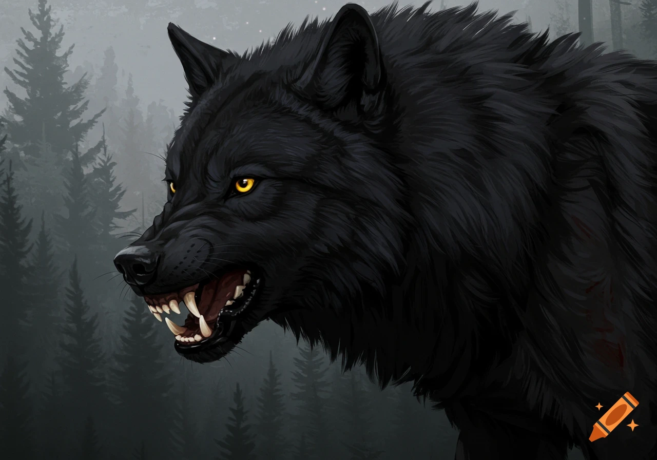 Close-up portrait of a snarling black wolf with yellow eyes against a misty forest.