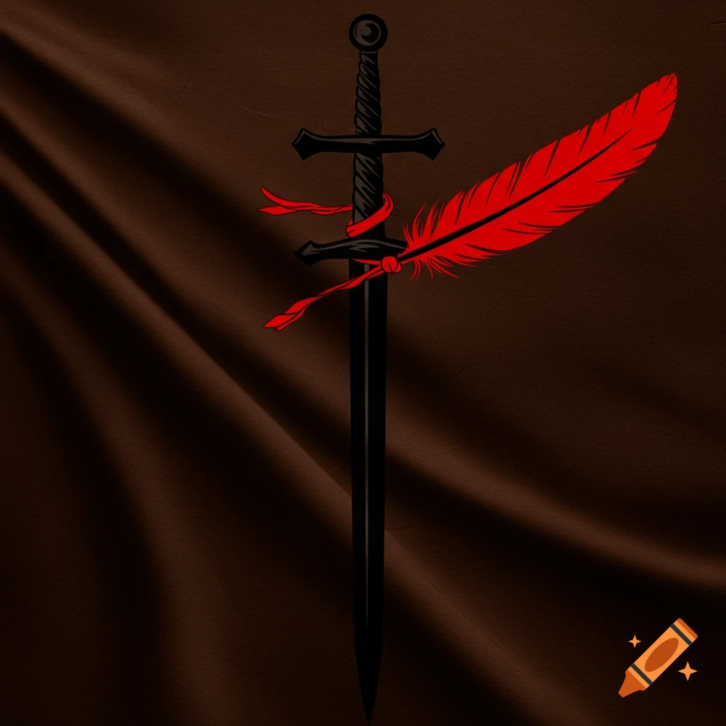 Stylized black sword with a red feather tied to the hilt on a brown fabric background.