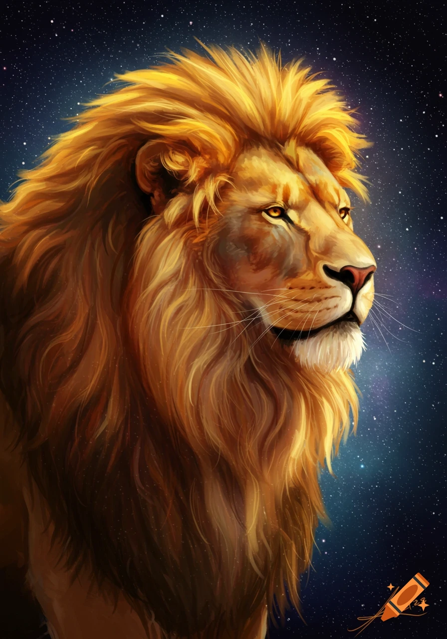 A majestic lion with a golden mane looks to the side against a starry night sky.