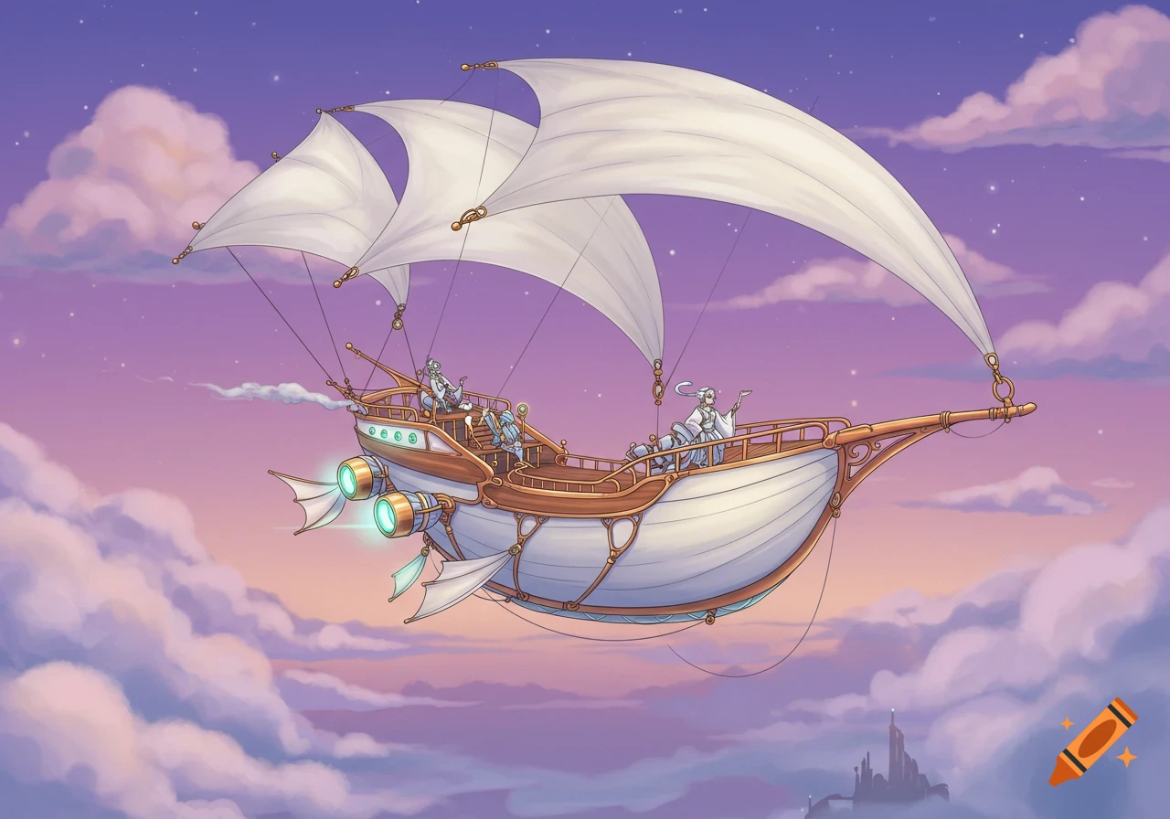 An ornate airship with sails and engines flies through clouds at sunset, carrying several people. Illustrated style.