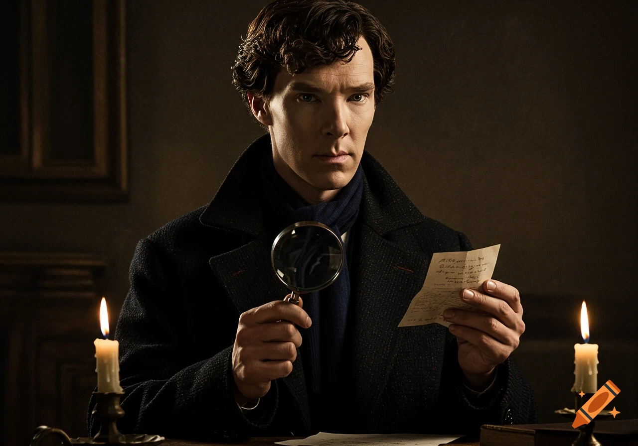 Sherlock Holmes character examining a document with a magnifying glass by candlelight, in a dramatic painting style.