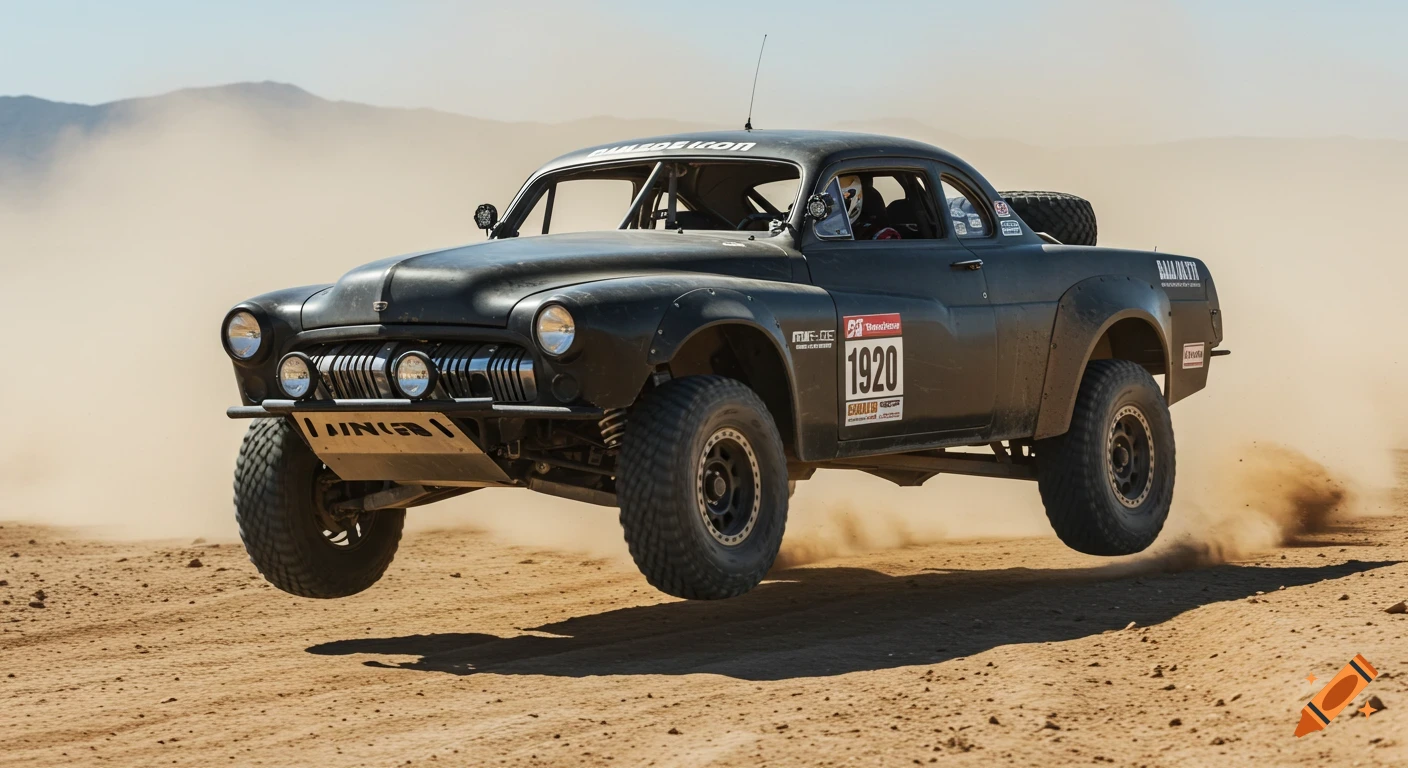 Black custom trophy truck jumping over dirt mound in desert