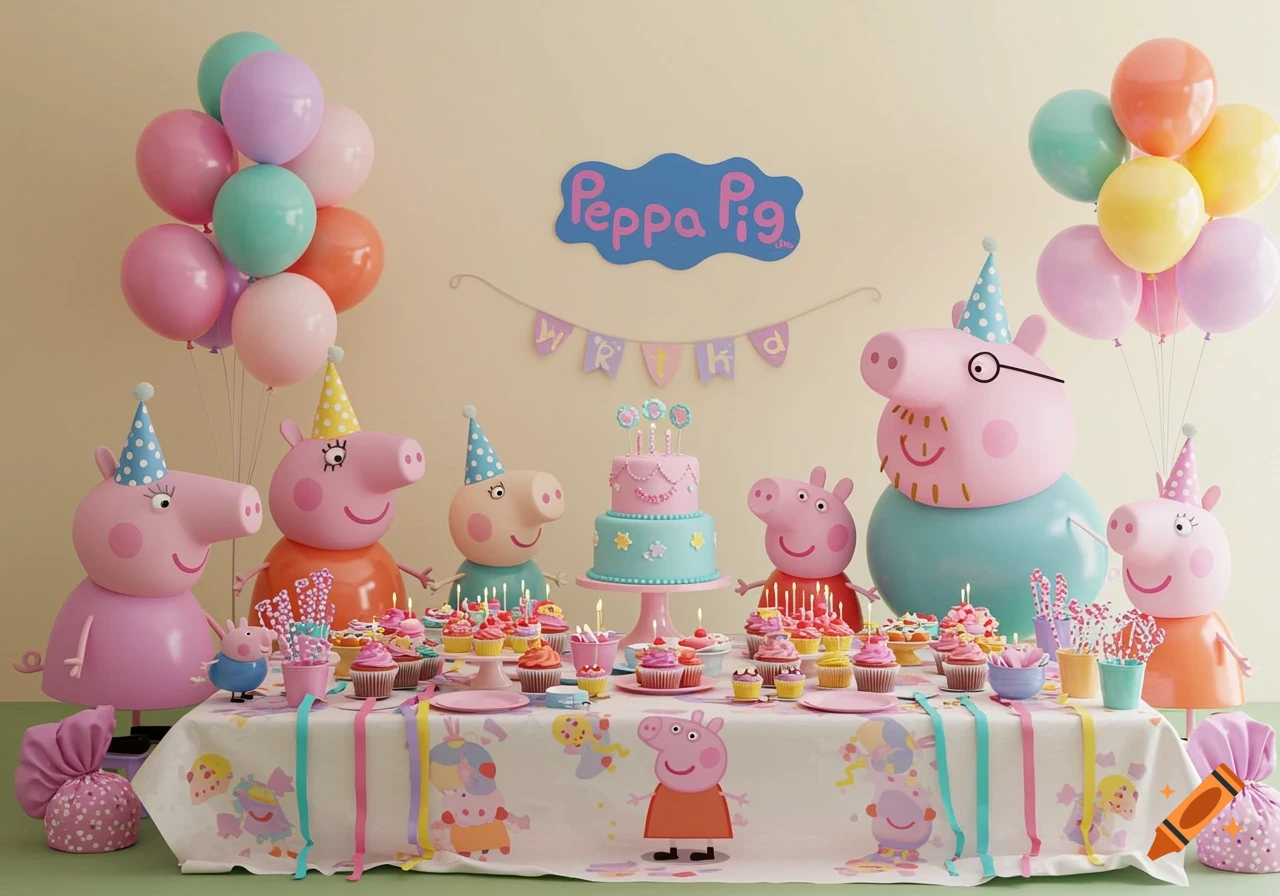 Peppa Pig characters gather around a table filled with cake and cupcakes at a birthday party, with balloons and a banner.