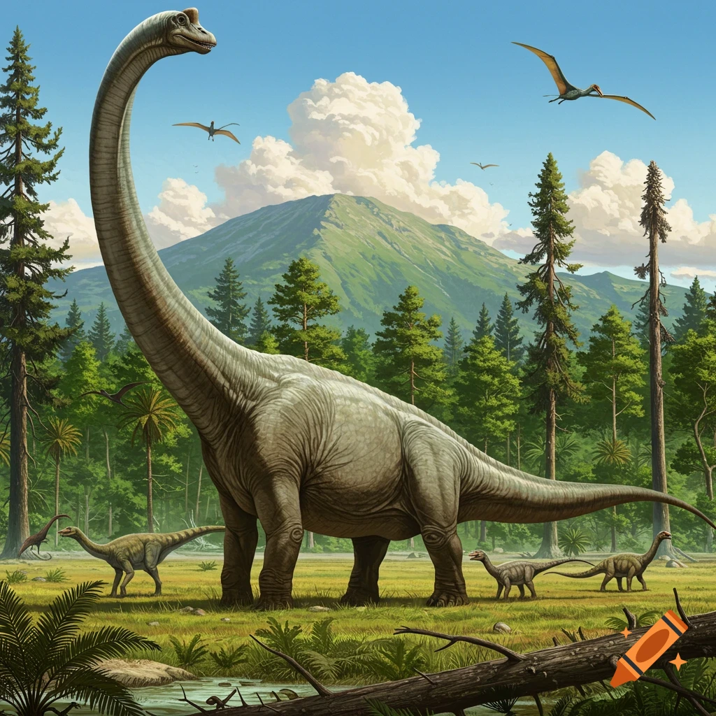 A large long-necked dinosaur stands in a prehistoric forest with smaller dinosaurs and flying reptiles.