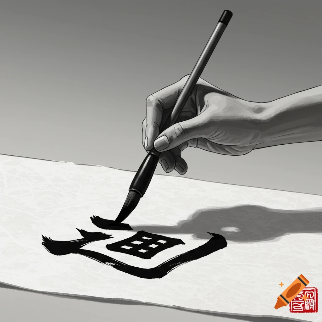A hand holds a brush, writing a Japanese character on paper in black and white.