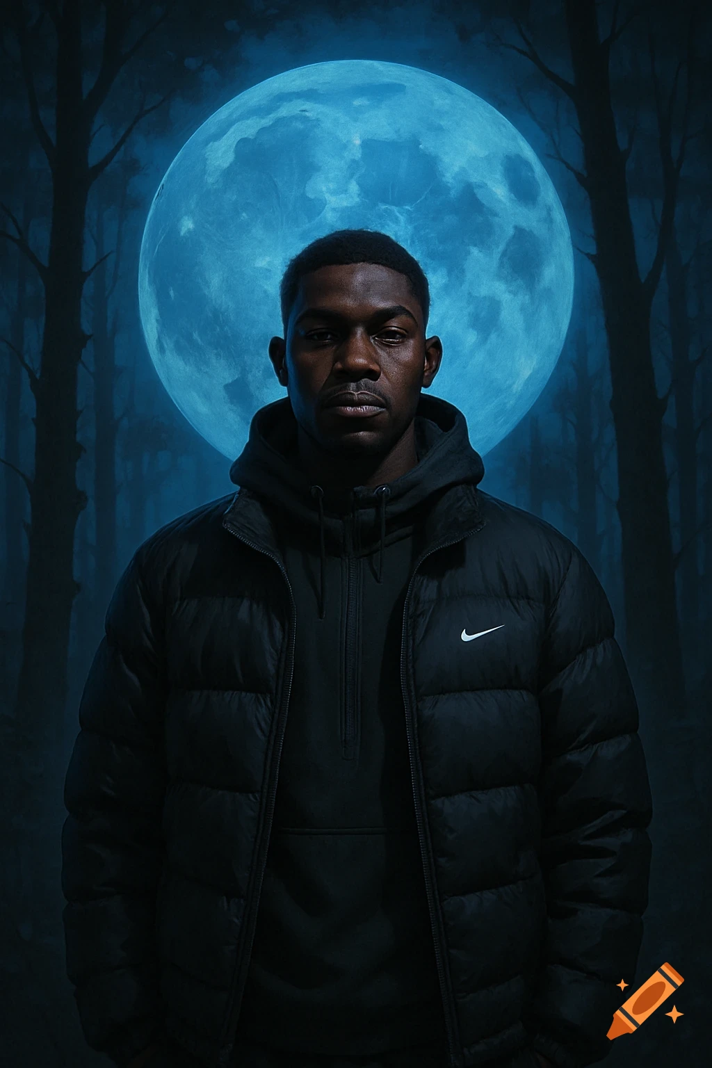 A man in a black puffer jacket stands in a forest under a blue full moon.