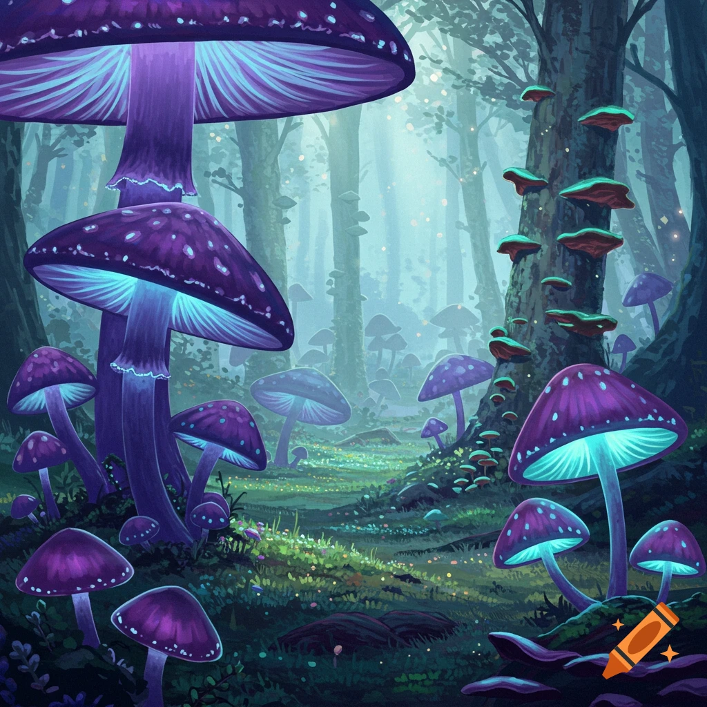 Fantasy forest with large glowing purple mushrooms
