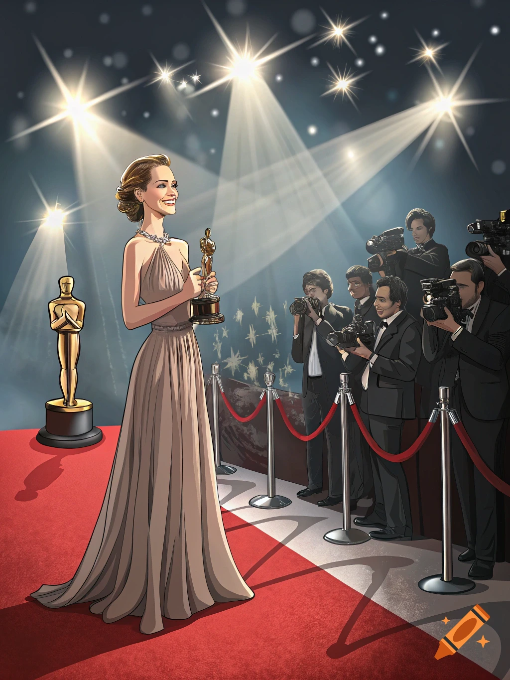 Illustration of a celebrity holding an award on a red carpet surrounded by photographers and spotlights.