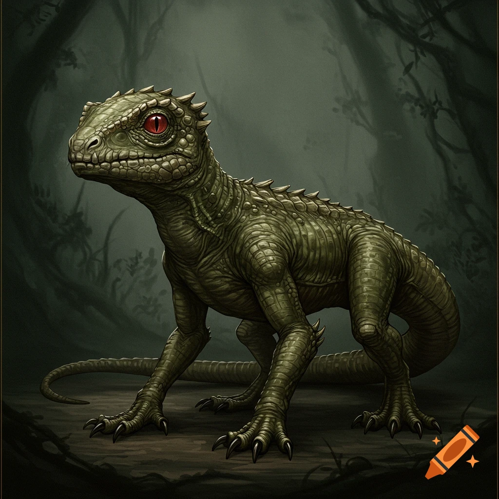 A scaly, lizard-like creature with red eyes stands in a dark forest.
