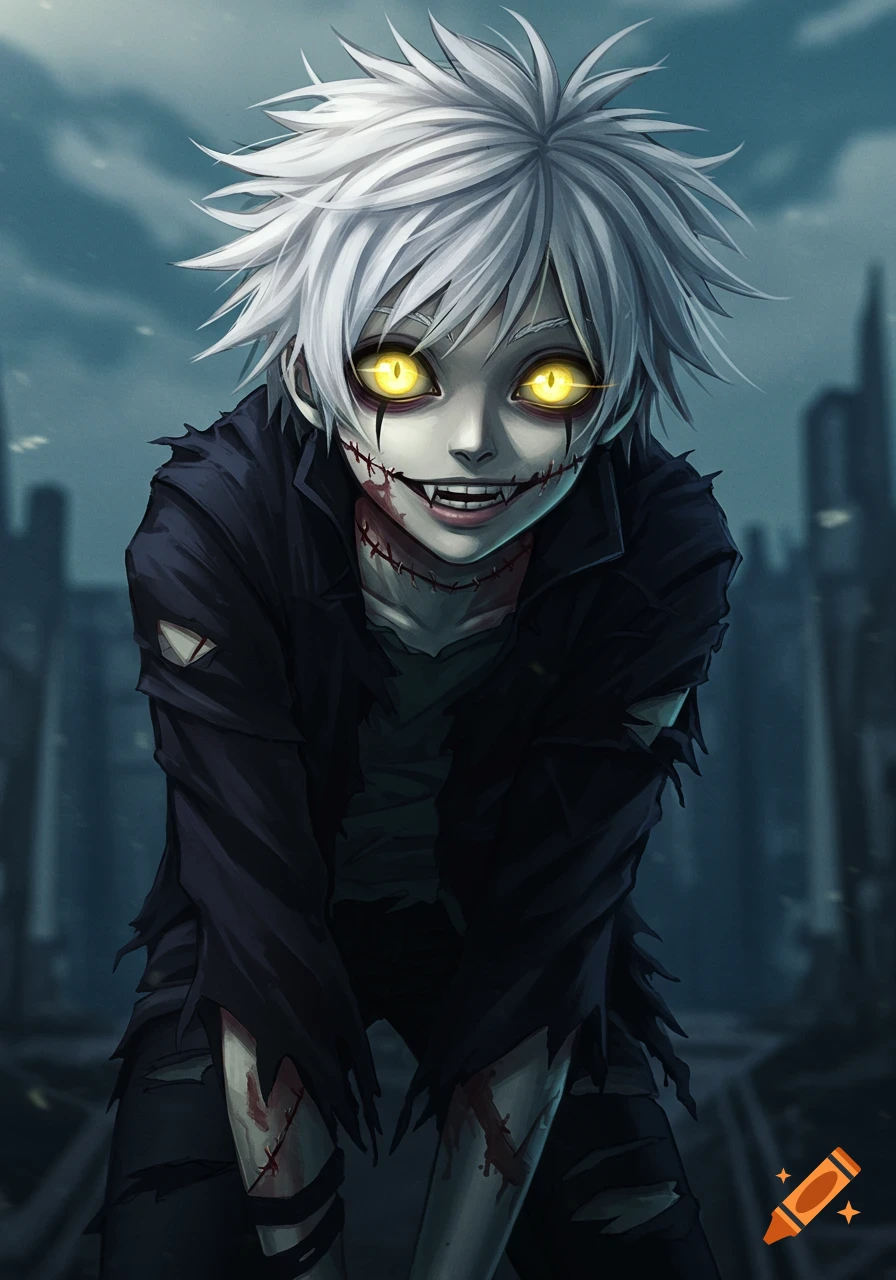 Anime character with white hair, glowing yellow eyes, stitched mouth, and tattered clothes