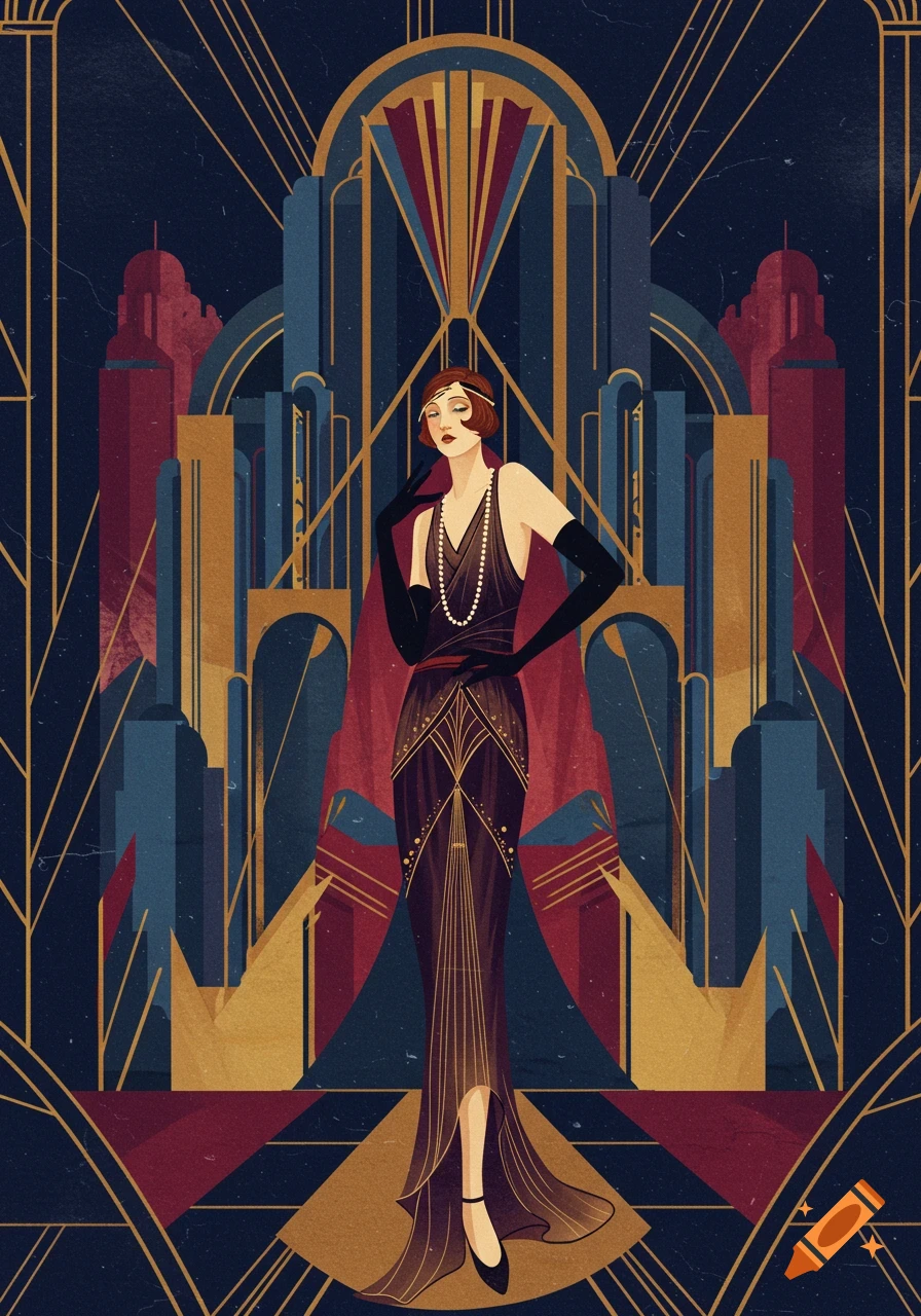 An art deco illustration of a woman in a long dress and gloves standing ...