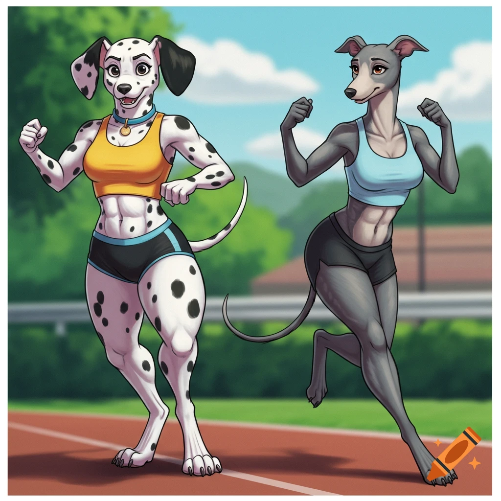 Illustration of a female anthro Dalmatian and Greyhound running on a track in athletic wear.