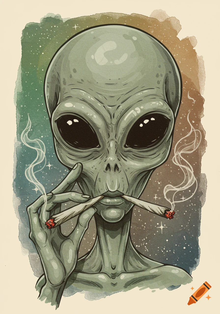Watercolor illustration of an alien smoking two joints in space