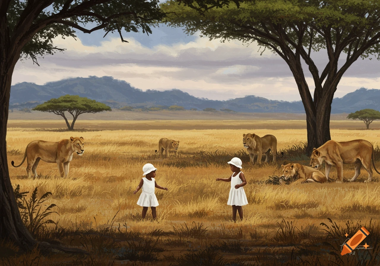 Two small children stand in a grassy African veldt with lions and acacia trees in a painting style.
