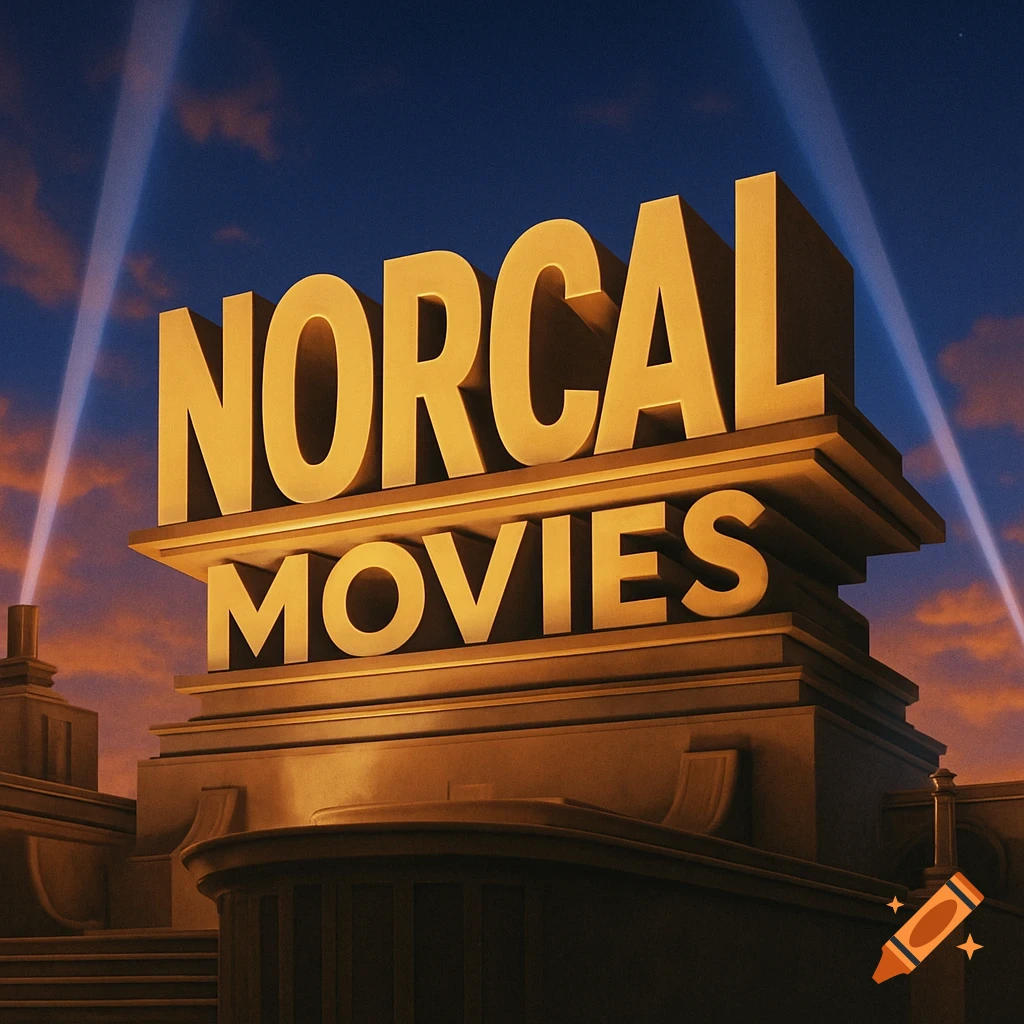 Golden 'NorCal Movies' logo structure under a dramatic sky with searchlights, resembling the 20th Century Fox logo.