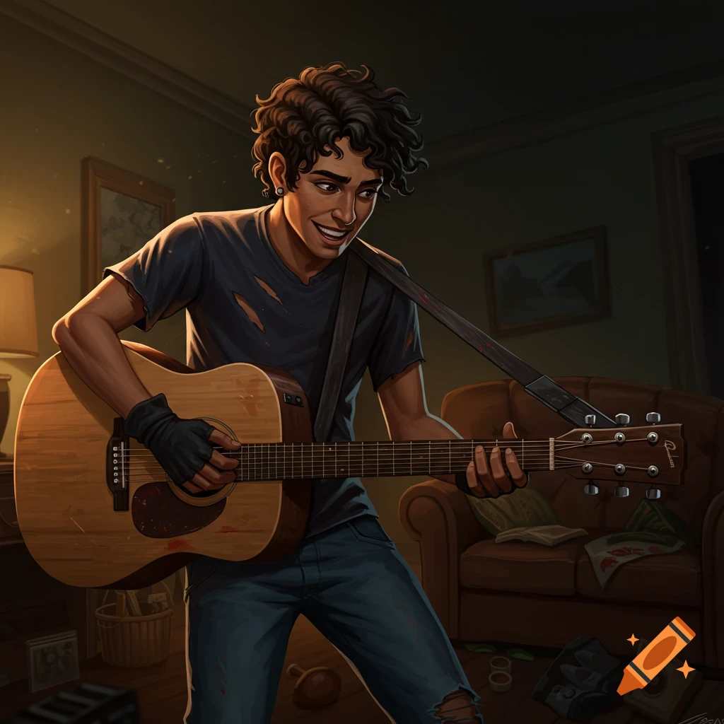 Illustration of a man playing acoustic guitar in a dimly lit room.