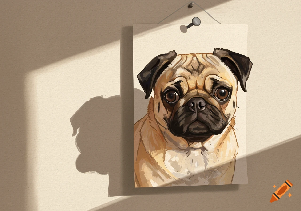 Digital painting of a pug's head pinned to a wall