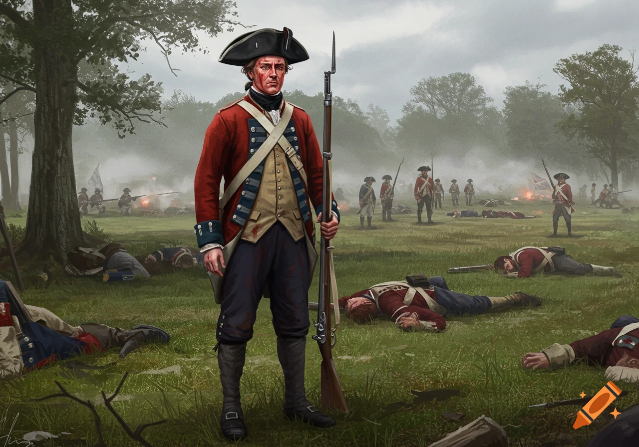 A British soldier stands on a battlefield littered with fallen soldiers as fighting continues in the background. Digital painting.