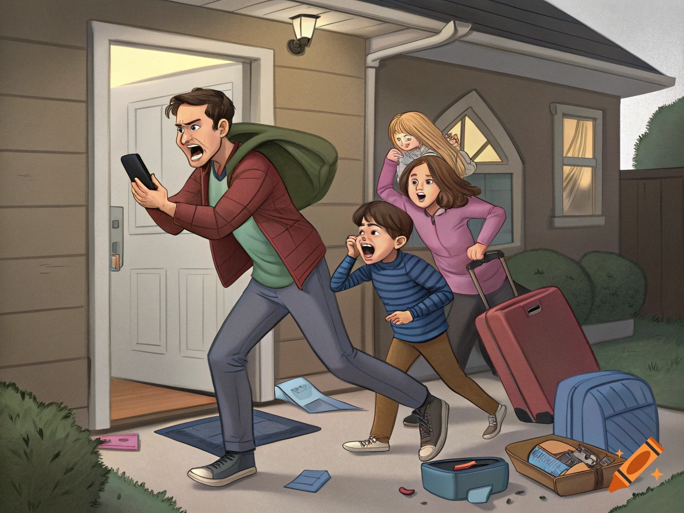Illustrated scene of a panicked family rushing out of a house with luggage, man holding a phone.