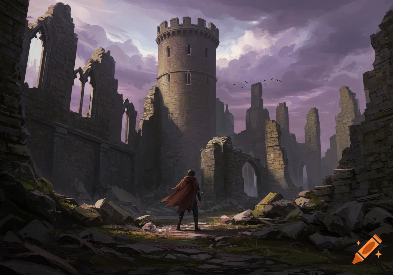 A lone figure stands in the ruins of a large castle under a dramatic purple and grey sky.