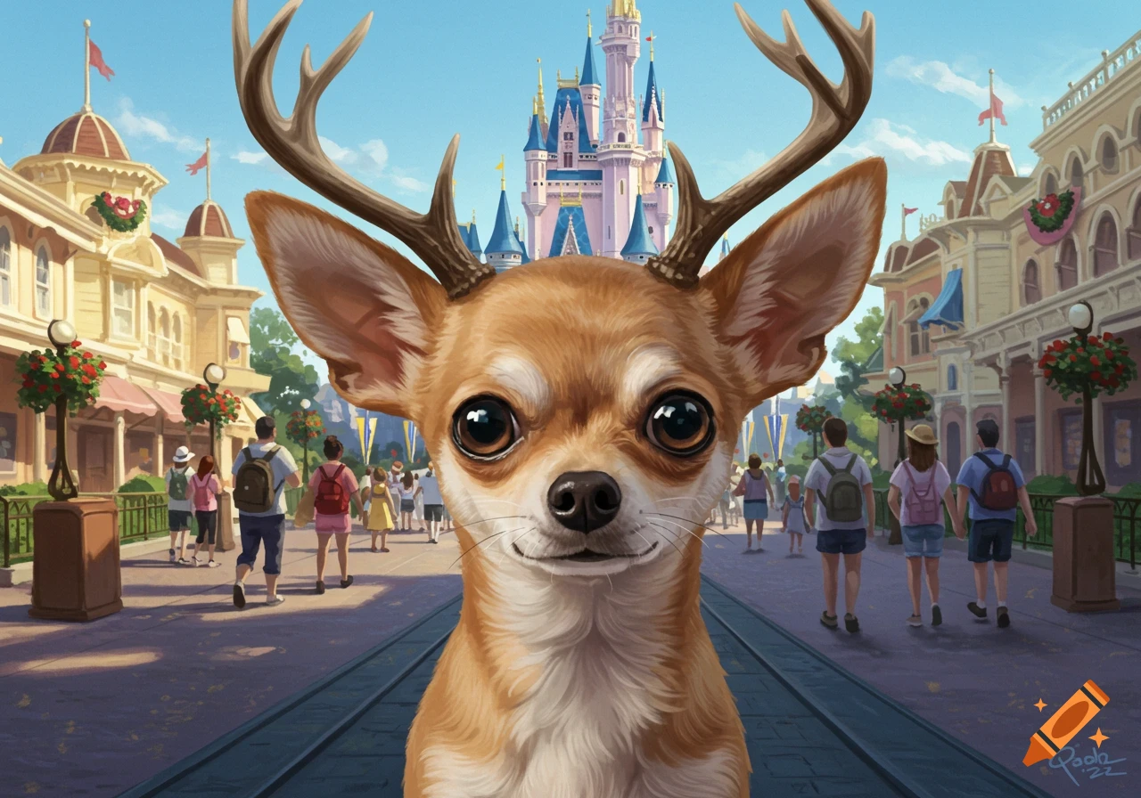 A chihuahua with deer antlers stands in the foreground of a theme park street with a castle in the background.