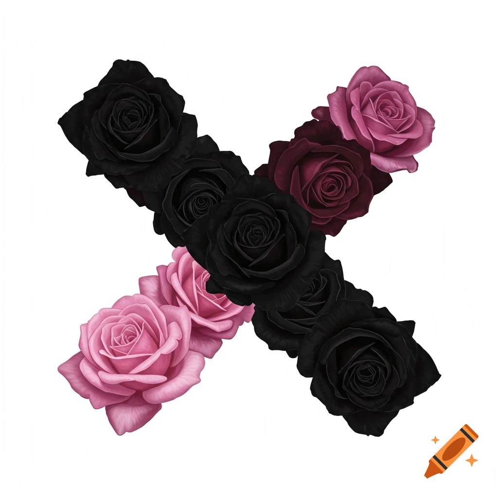 Black, dark red, and pink roses form an X shape on a white background.