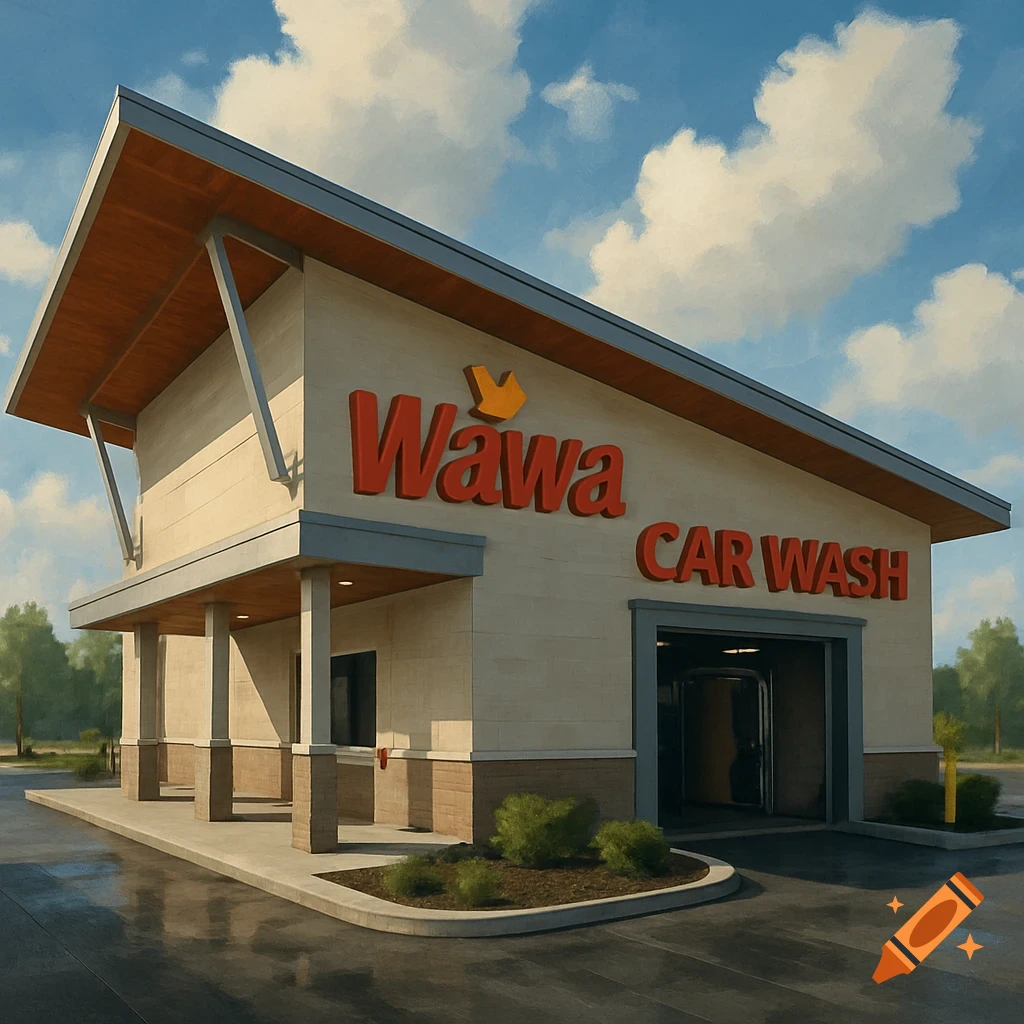 A modern Wawa car wash building with a sloped roof under a cloudy sky.