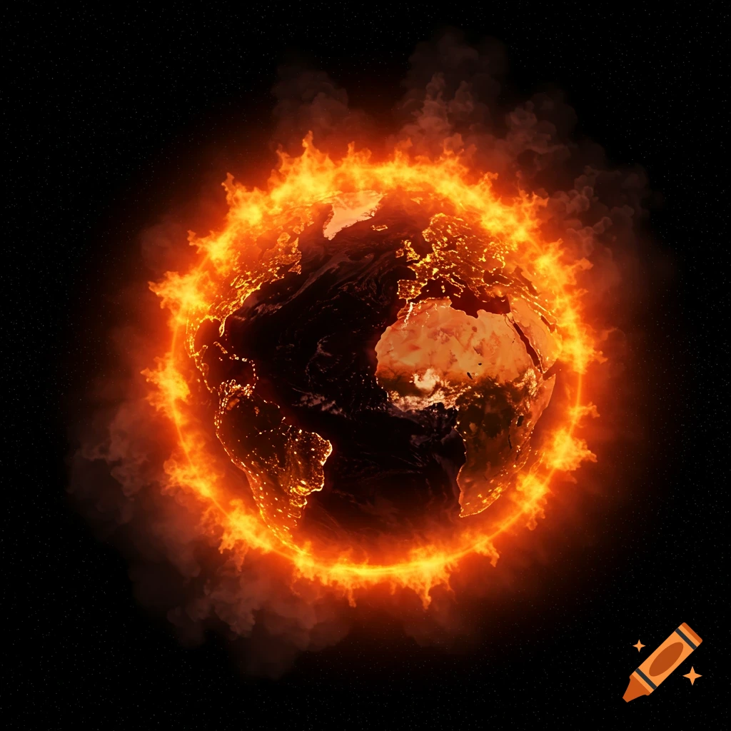 The Earth engulfed in flames and smoke in space