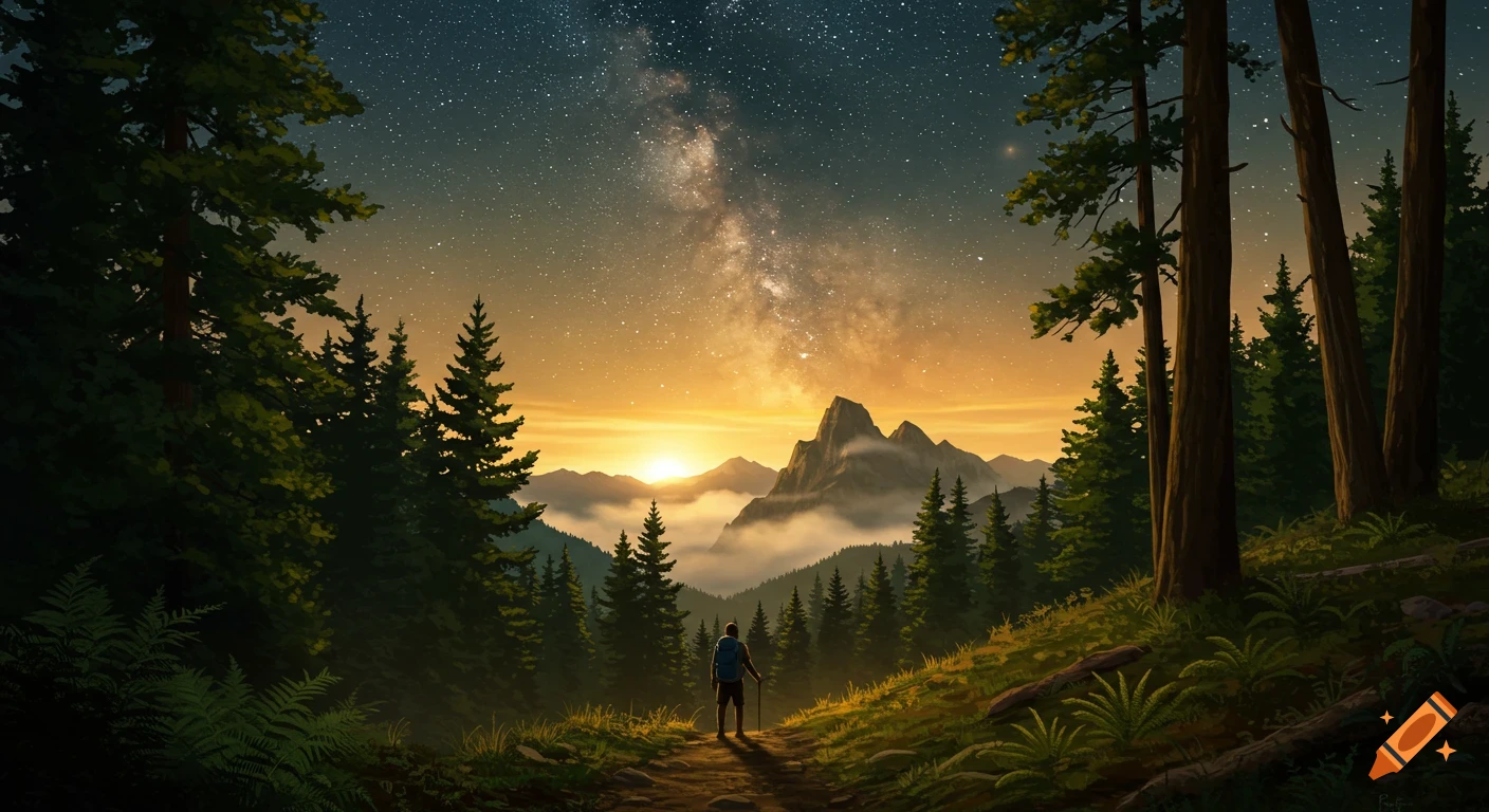 Hiker on a trail in a forest watches a sunset over mountains with a star-filled sky in an illustrated style.