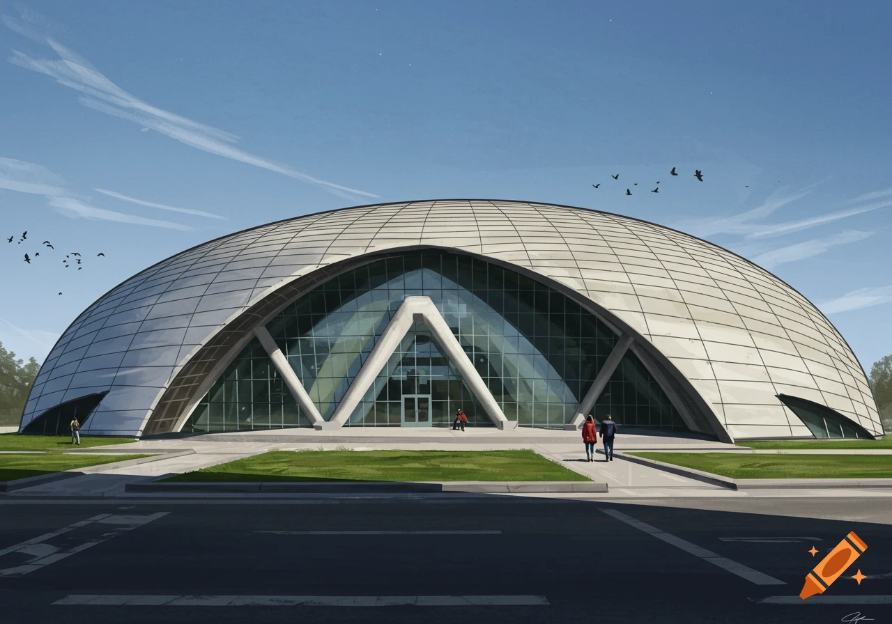 Illustrative painting of a large, modern, domed building with glass facade, people walking, and birds flying.