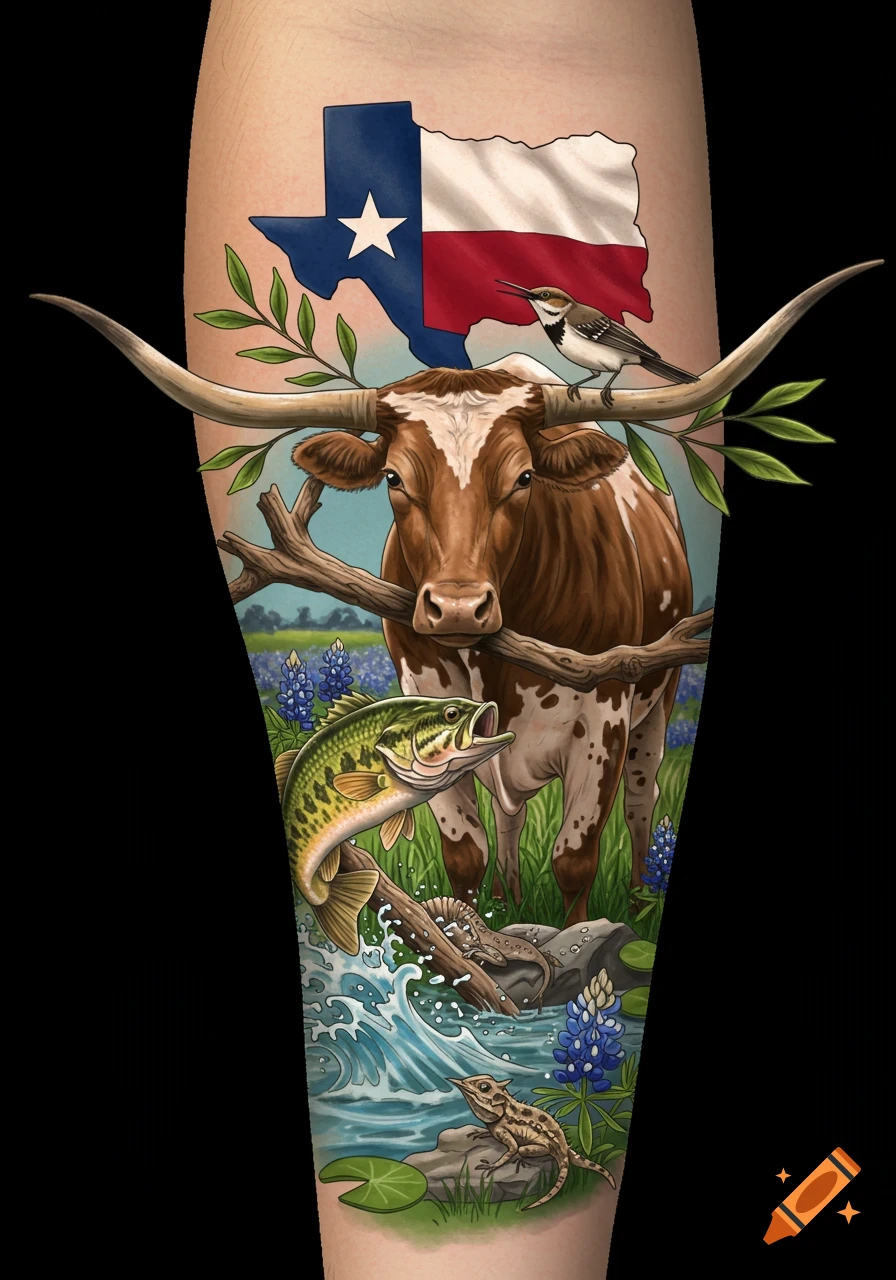 Texas tattoo design with Longhorn, bass, bluebonnets, and state flag