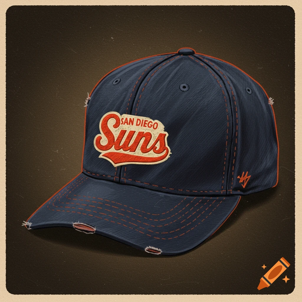 A vintage distressed dark blue baseball cap with a red and white 'SAN DIEGO SUNS' logo.