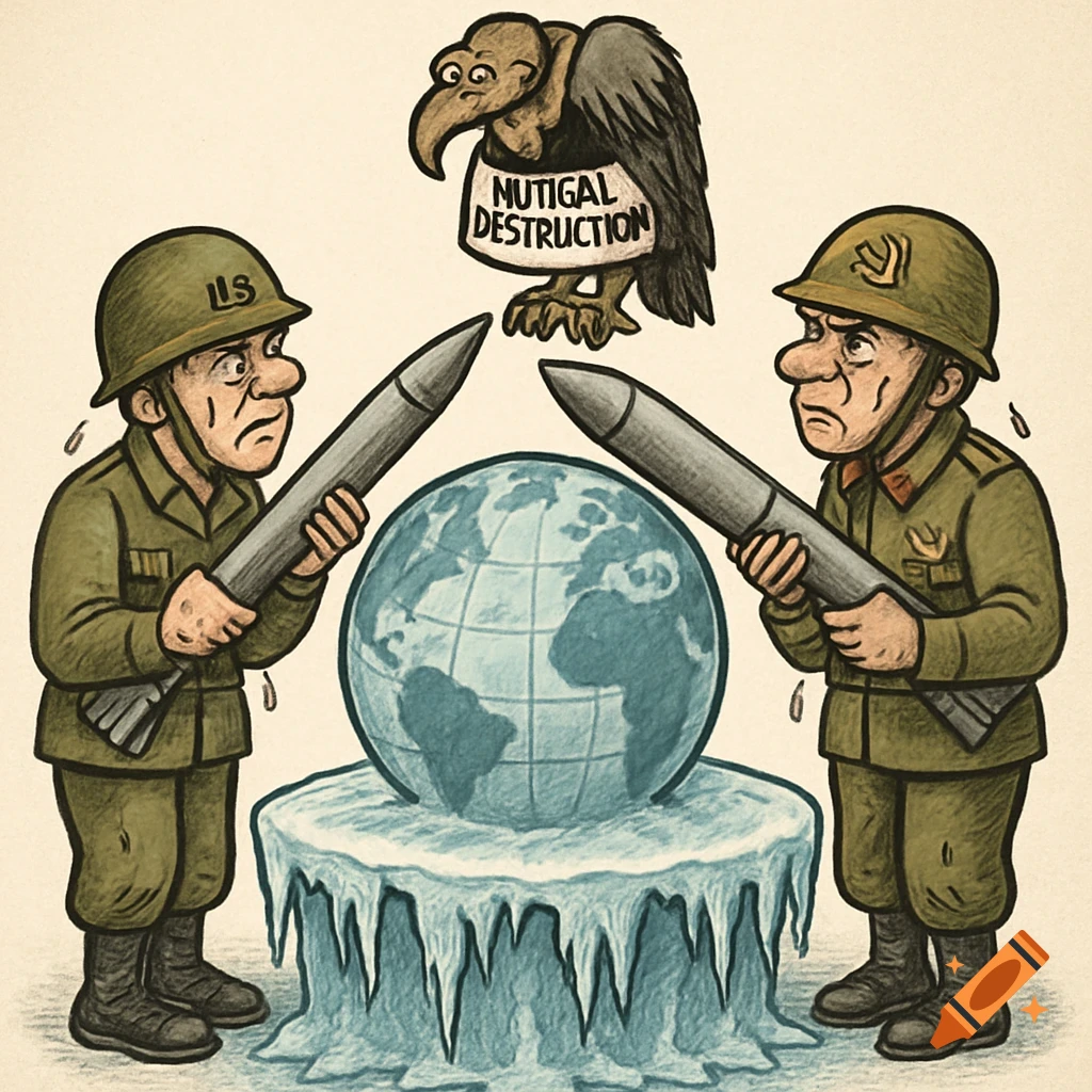 Political cartoon of US and USSR soldiers pointing missiles at a frozen globe under a vulture labeled 'MUTIGAL DESTRUCTION'.