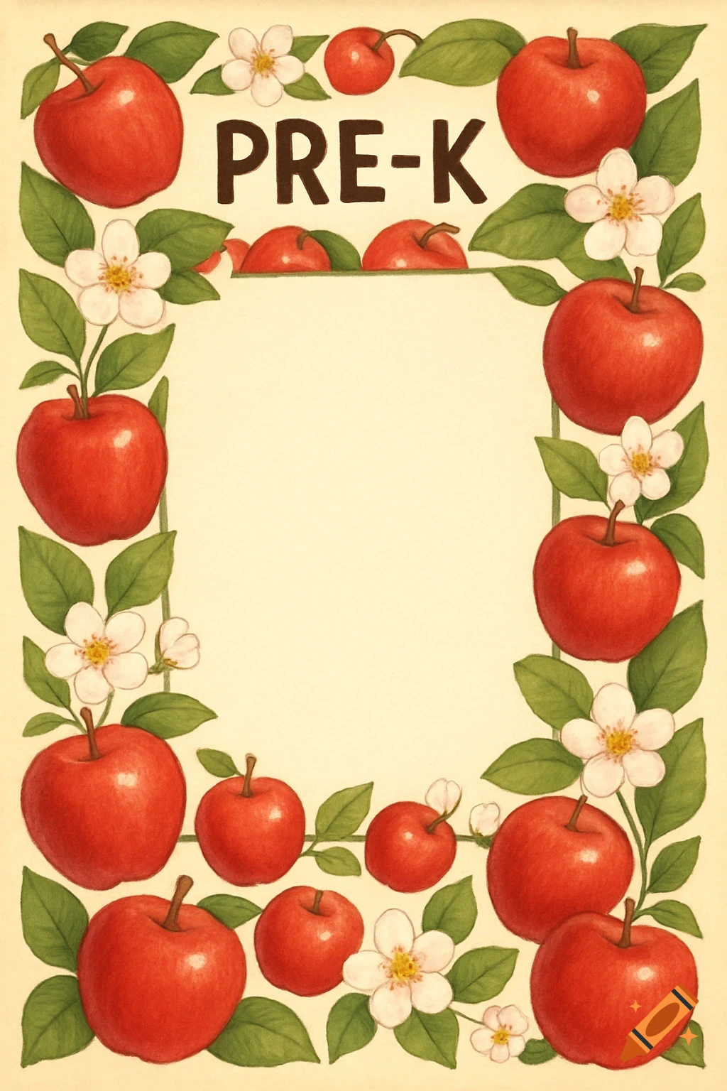 Illustrated border of red apples and white apple blossoms around a central empty space, with the text 'PRE-K' at the top.