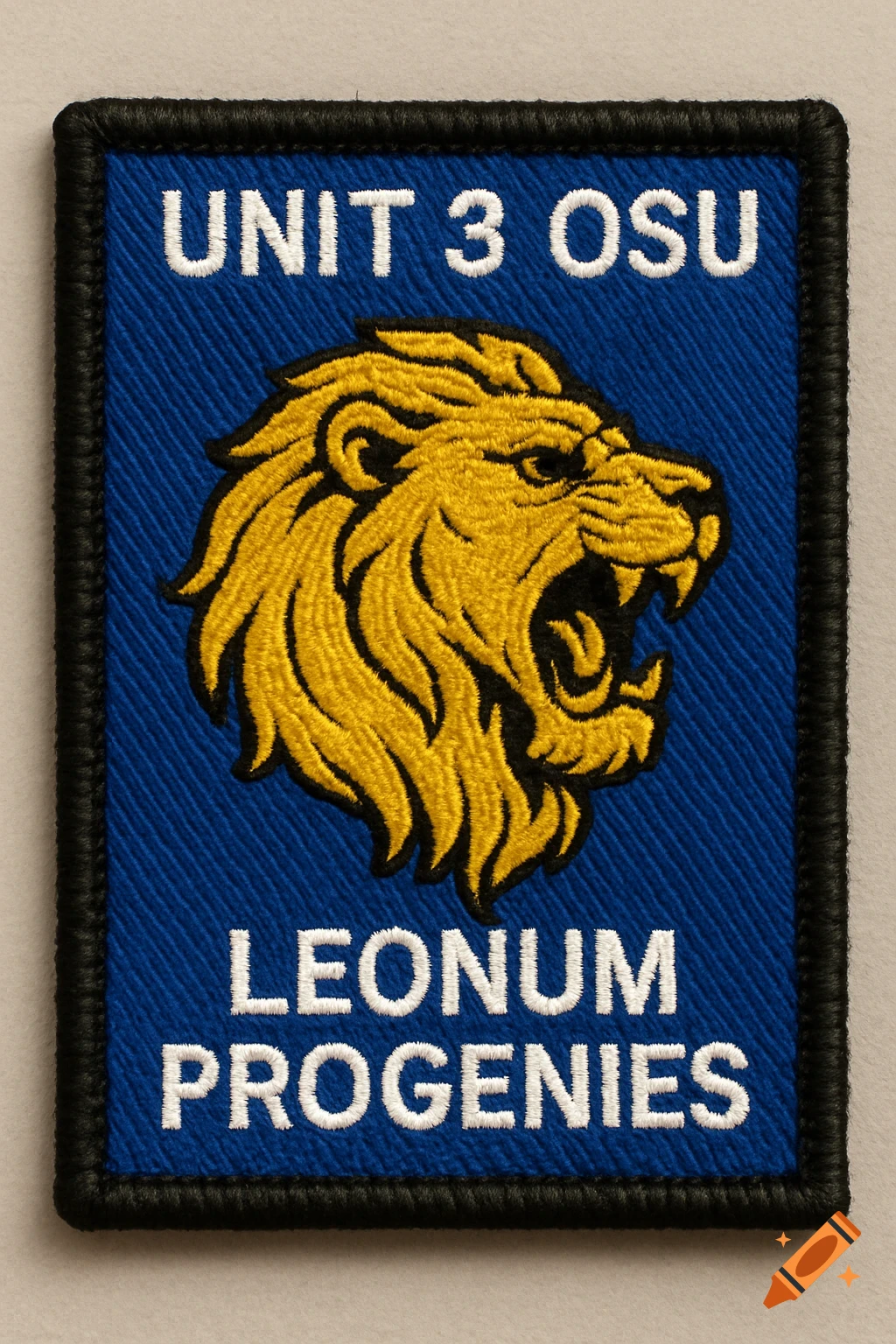 Blue embroidered patch with roaring lion, text 'UNIT 3 OSU' and 'LEONUM PROGENIES'