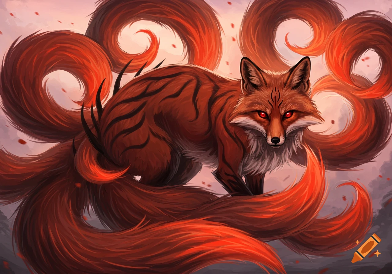 A digital painting of a nine-tailed fox with red eyes and black stripes.