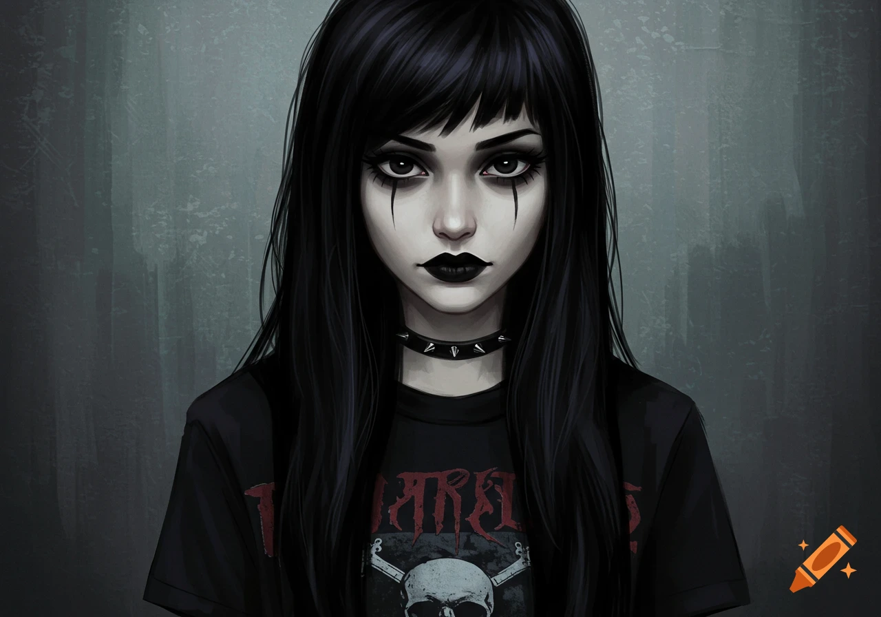 Close-up portrait of a girl with gothic makeup, spiked choker, and black t-shirt with skull design