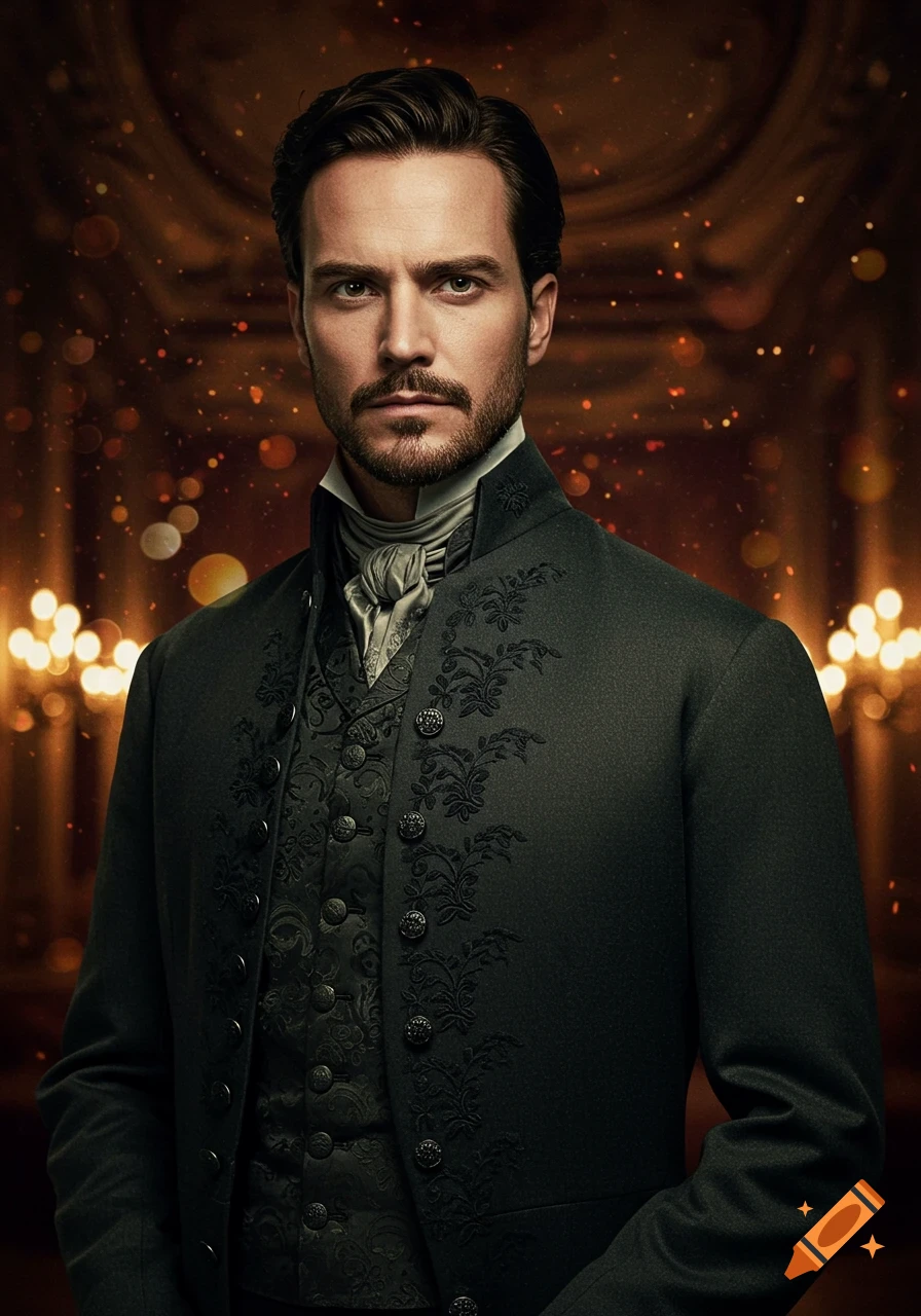 Portrait of a man in a dark embroidered historical suit.