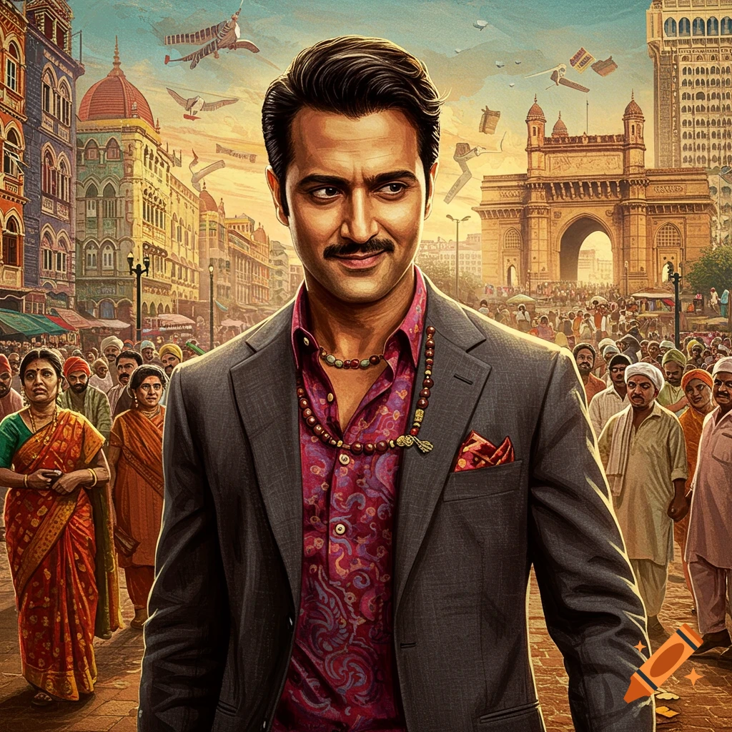 Illustrated portrait of a man in a suit and colorful shirt standing in a crowded street in India with the Gateway of India in the background.