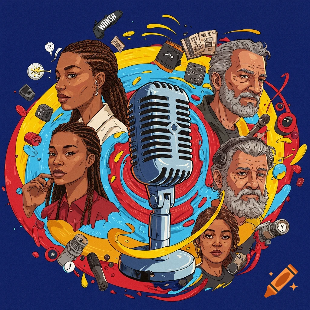 Illustration of diverse people around a large podcast microphone in a colorful swirl.