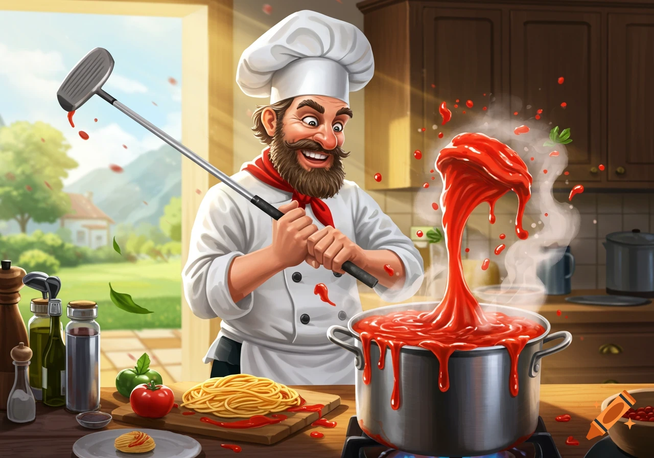 Cartoon chef stirs spaghetti sauce with a golf club in a kitchen.