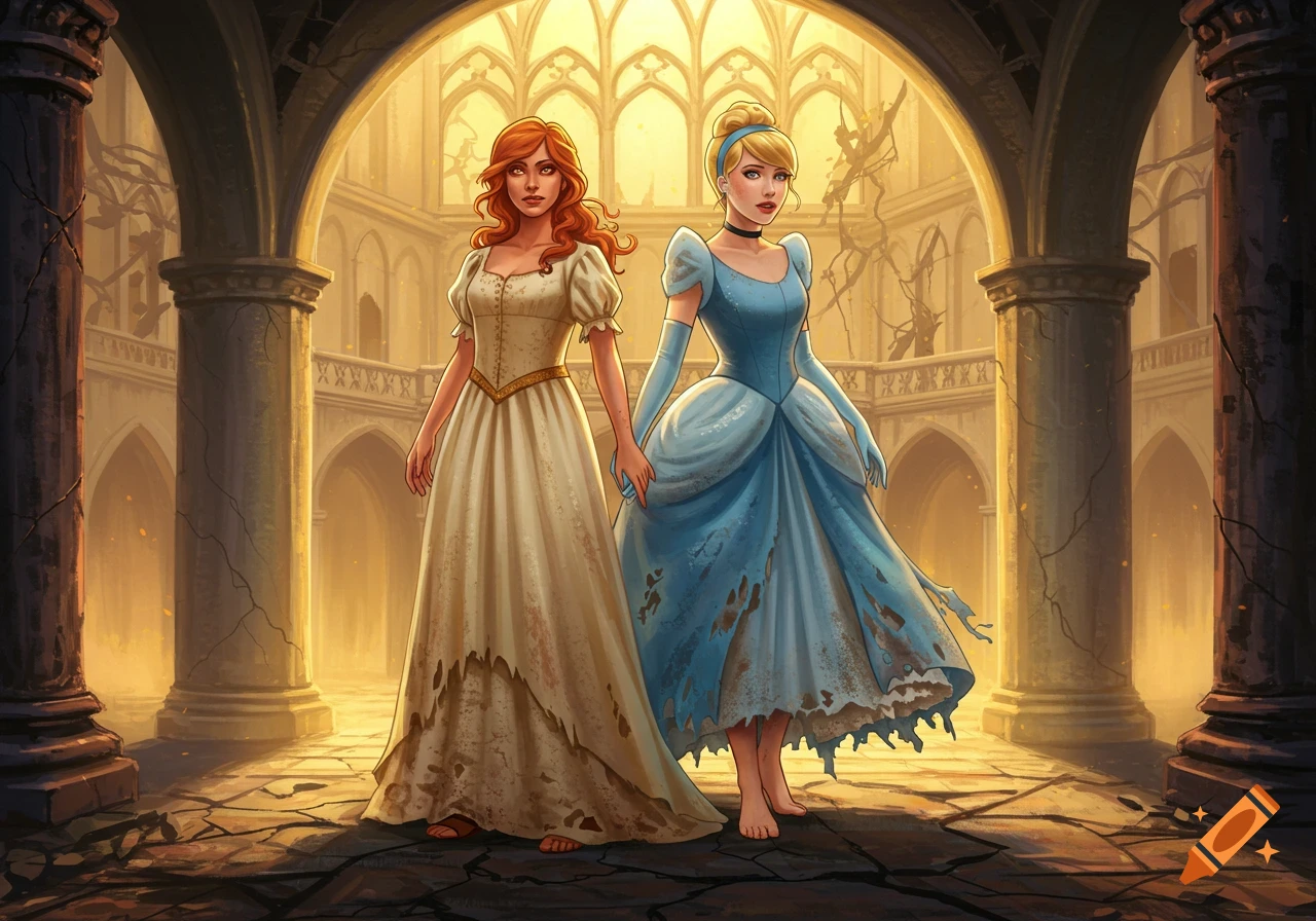 Two women in tattered dresses stand in a ruined palace courtyard at sunset.