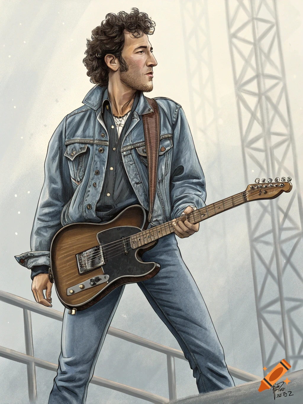 Illustration of Bruce Springsteen playing a guitar on stage.