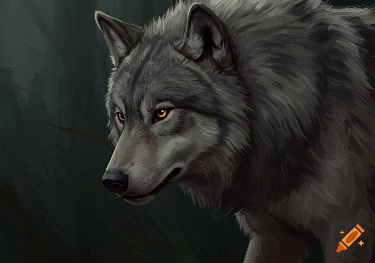 Digital painting of a grey wolf with intense orange eyes looking right and down.