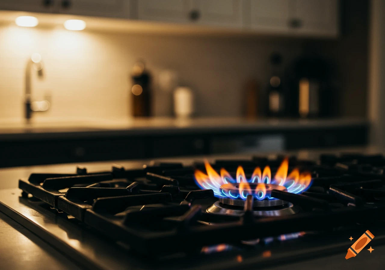 Close-up of a lit gas stove burner in a kitchen