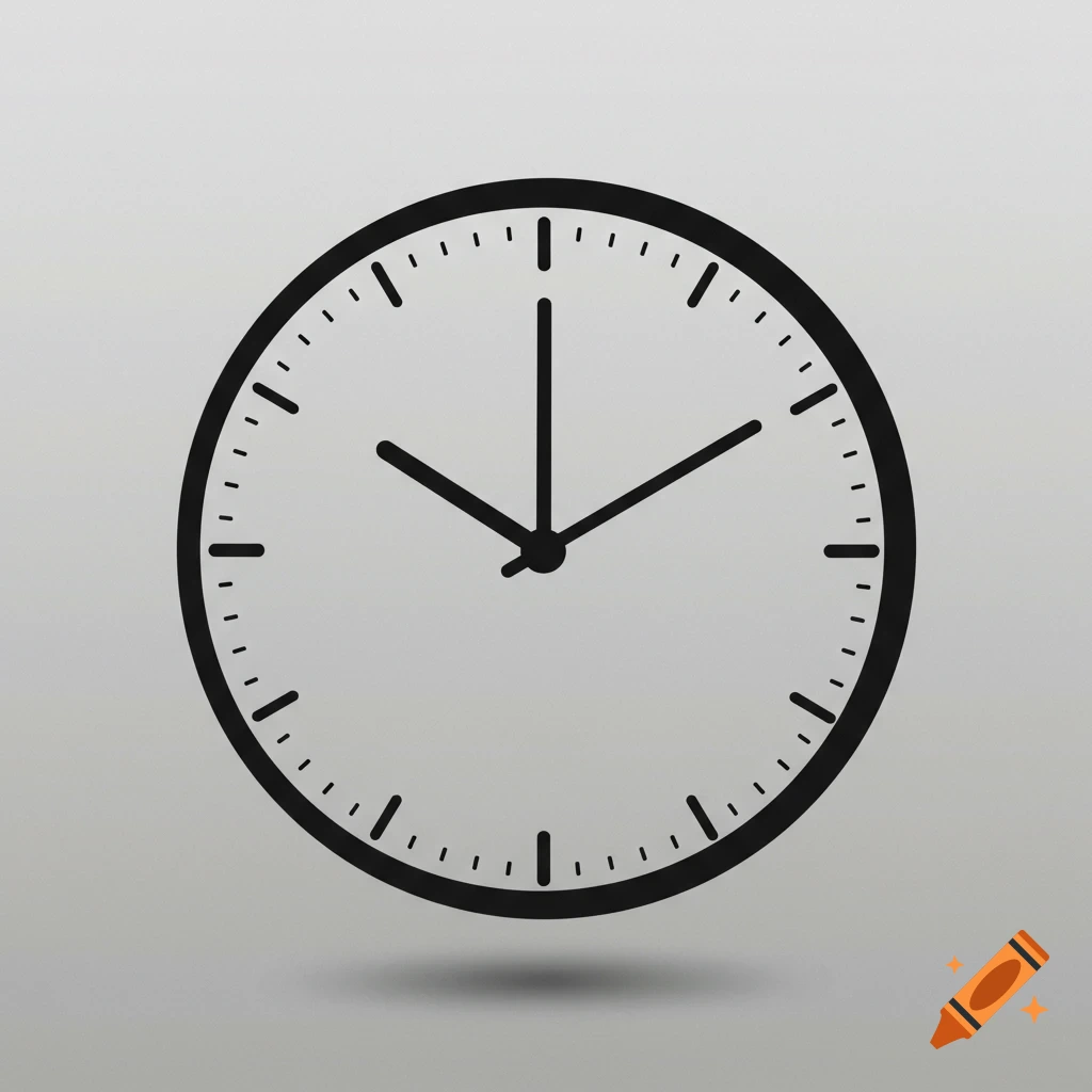 Minimal black and white illustration of a clock showing 10:10